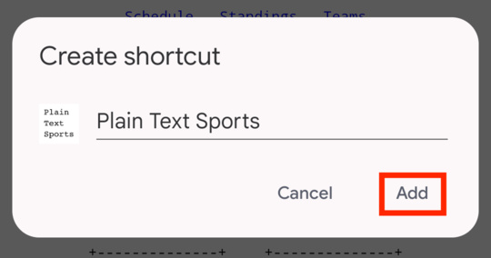 The "Add" button highlighted in the "Create shortcut" dialog on Android Chrome.