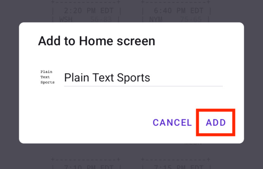 The "Add" button highlighted in the "Add to Home screen" dialog on Android Firefox.