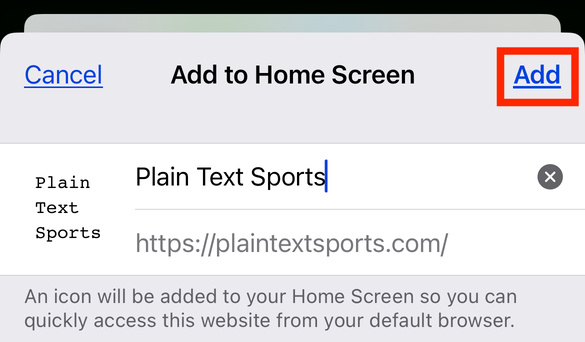 The "Add" button highlighted in the "Add to Home Screen" dialog on iOS.