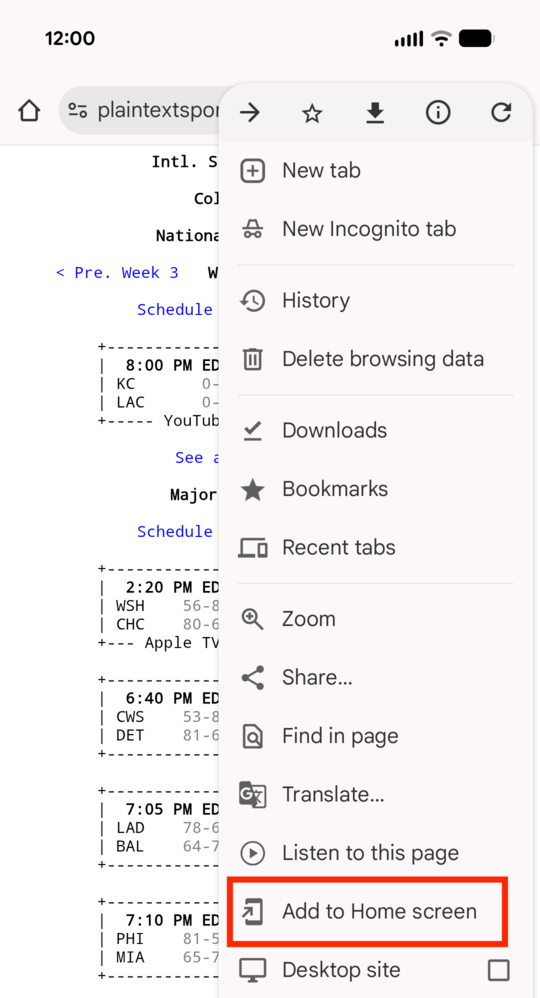 The "Add to Home screen" button highlighted in the context menu in Chrome on Android.