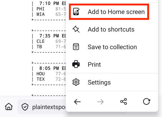 The "Add to Home screen" button highlighted in the context menu in Firefox on Android.