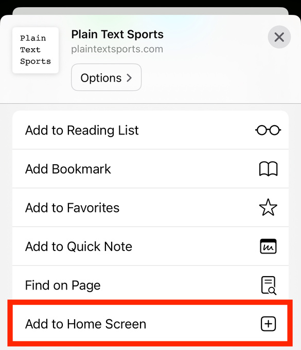 The "Add to Home Screen" button highlighted in the context menu in Safari on iOS.