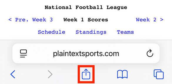 The share icon highlighted underneath the address bar in Safari on iOS.